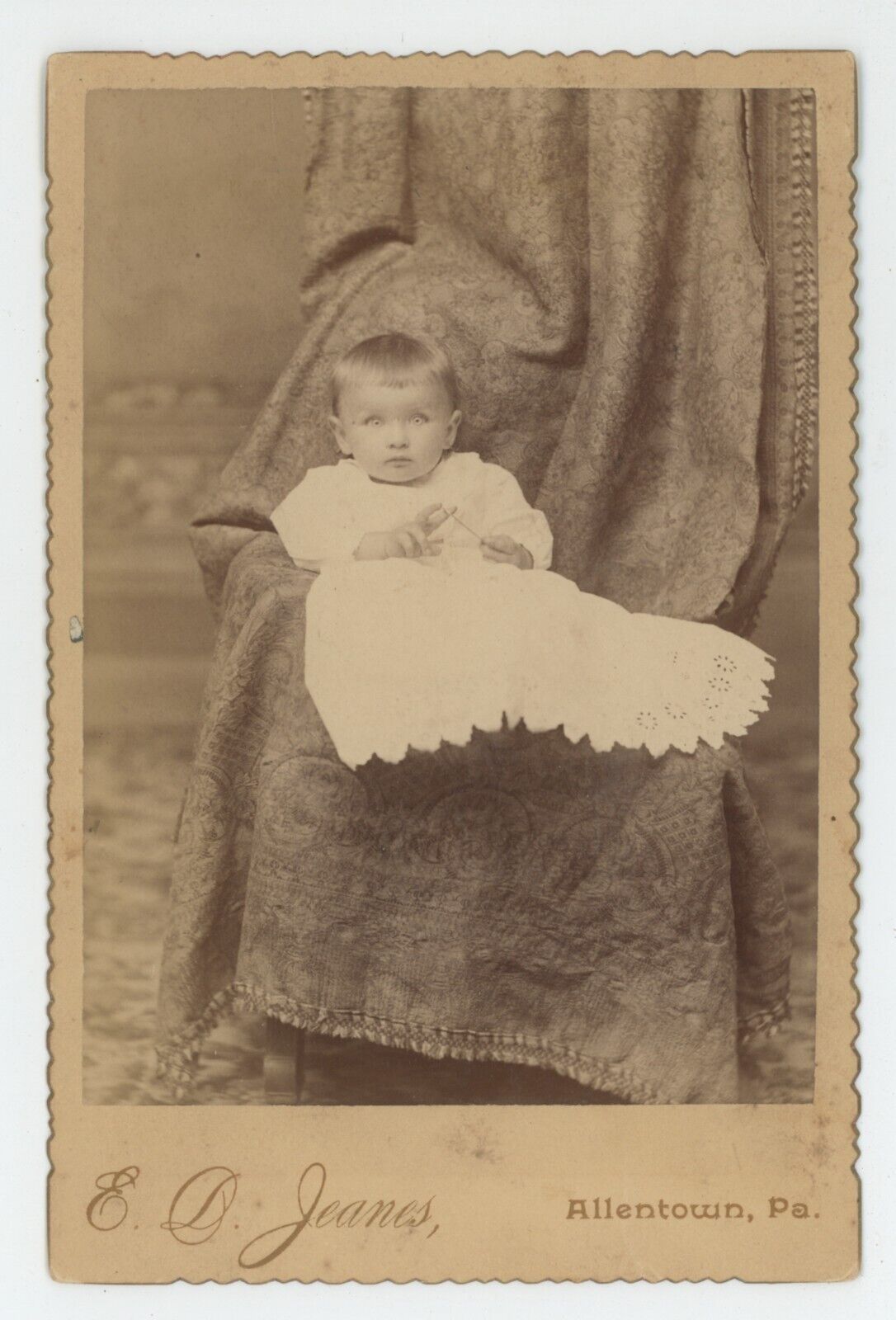 Antique c1880s Cabinet Card Adorable Baby in White Dress on Chair Allentown, PA