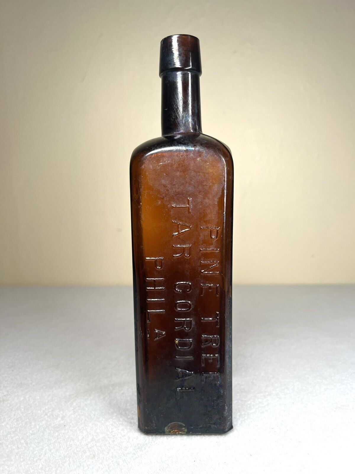 Pine Tree Tar Cordial Phila L.Q.C. Wishart's Antique Amber Bottle Embossed Tree
