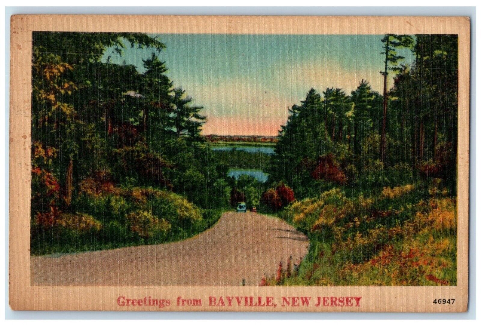 1948 Greetings From Bayville New Jersey NJ, Road Car Lake View Vintage Postcard