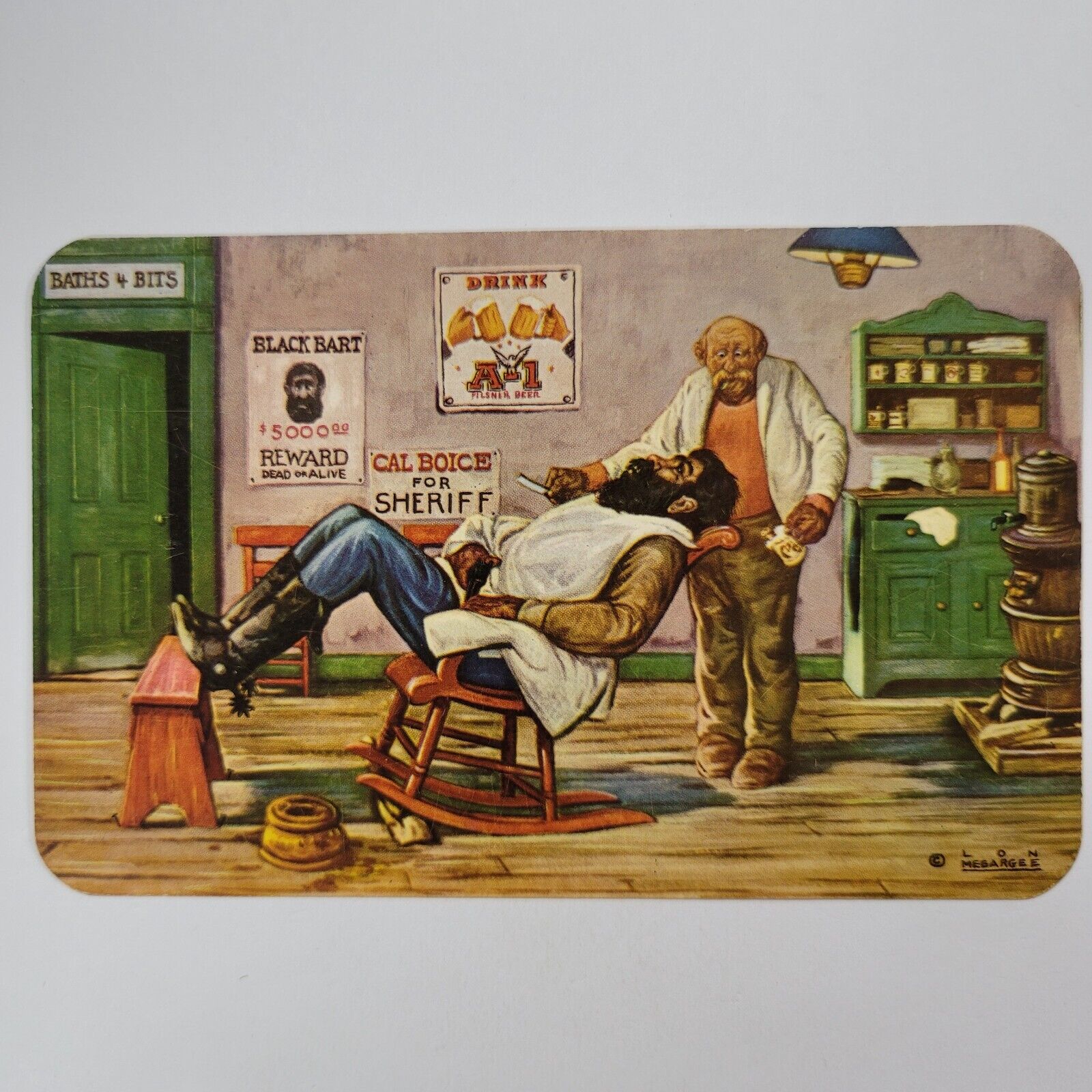 Black Bart Shave Postcard Vintage Unposted Comic Card Western Barber Shop Boots