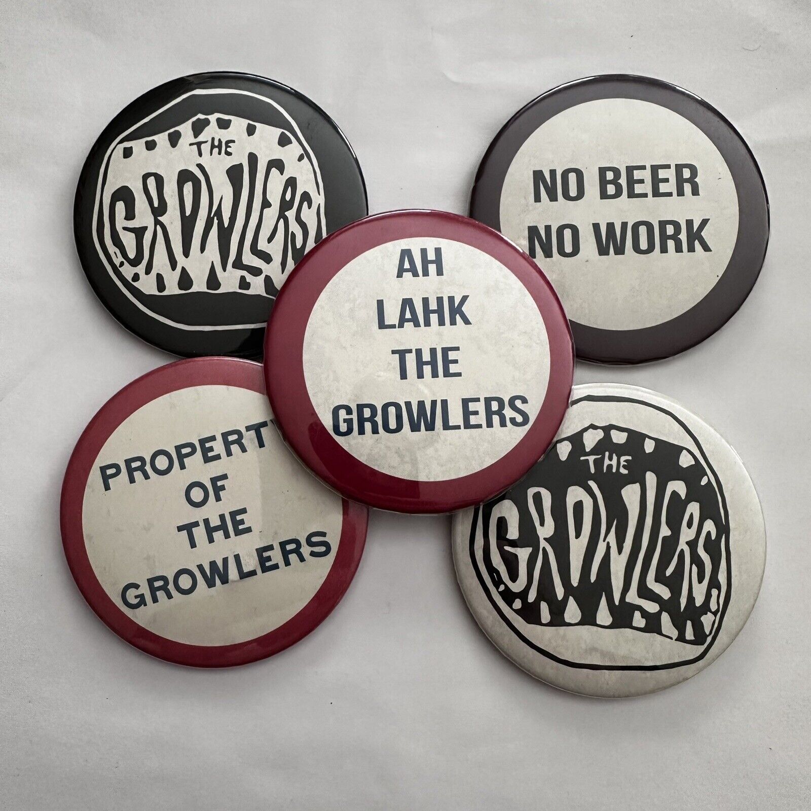 Vintage THE GROWLERS 3” Large Buttons Pins Lot Brooks Nielsen Beach Goth Surfing