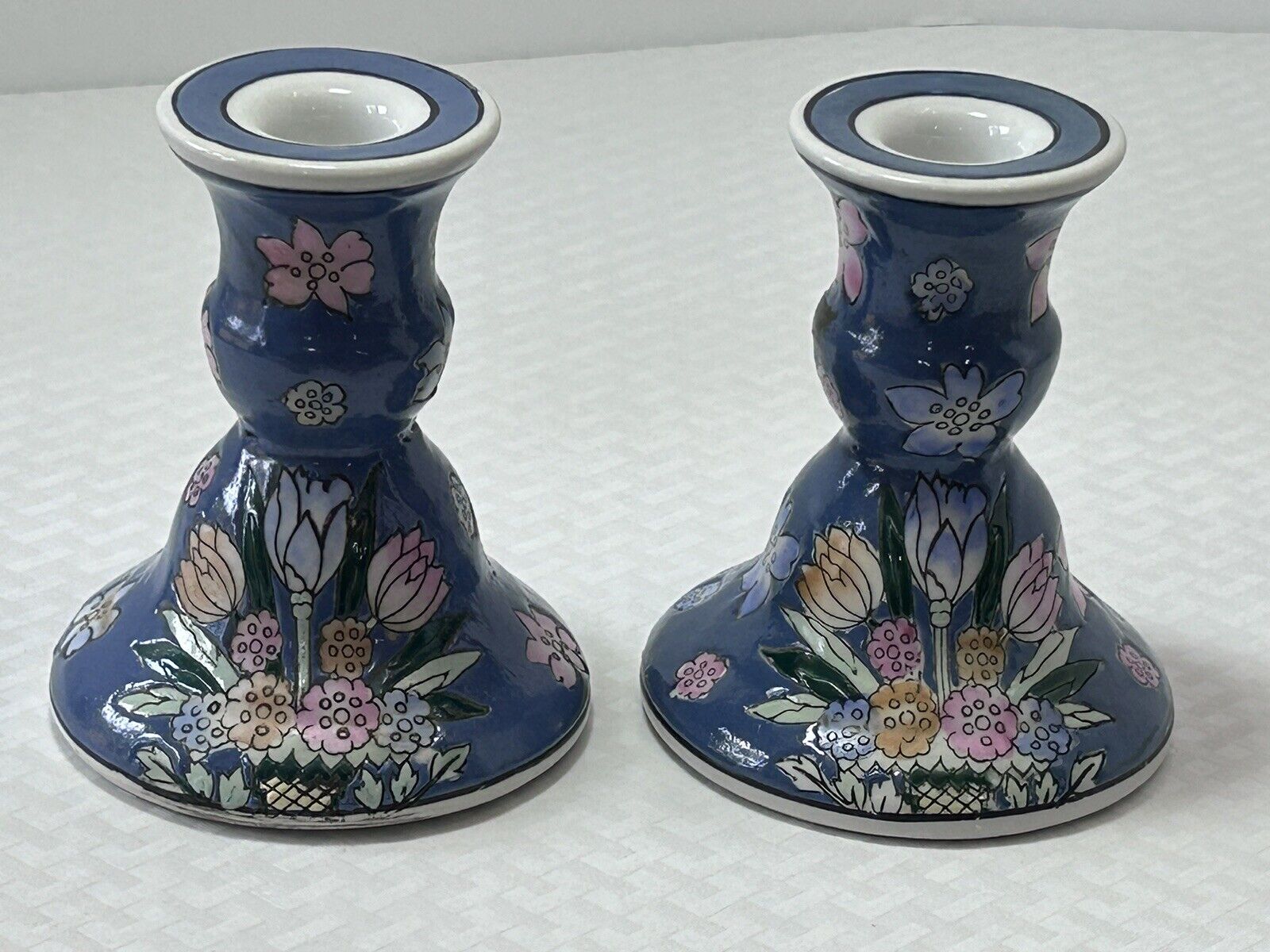1 Pair Handcrafted Ceramic Country Folk Art  Blue Floral Candle Holders Vintage