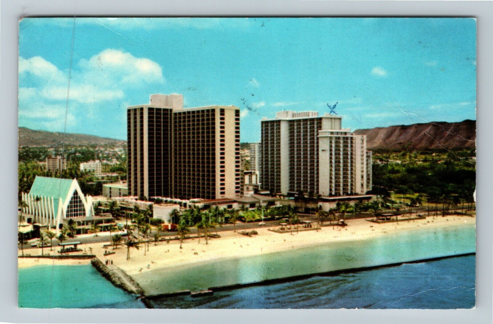 Honolulu HI-Hawaii, Kuhio Beach, St. Augustine\'s Church, Hotels Vintage Postcard