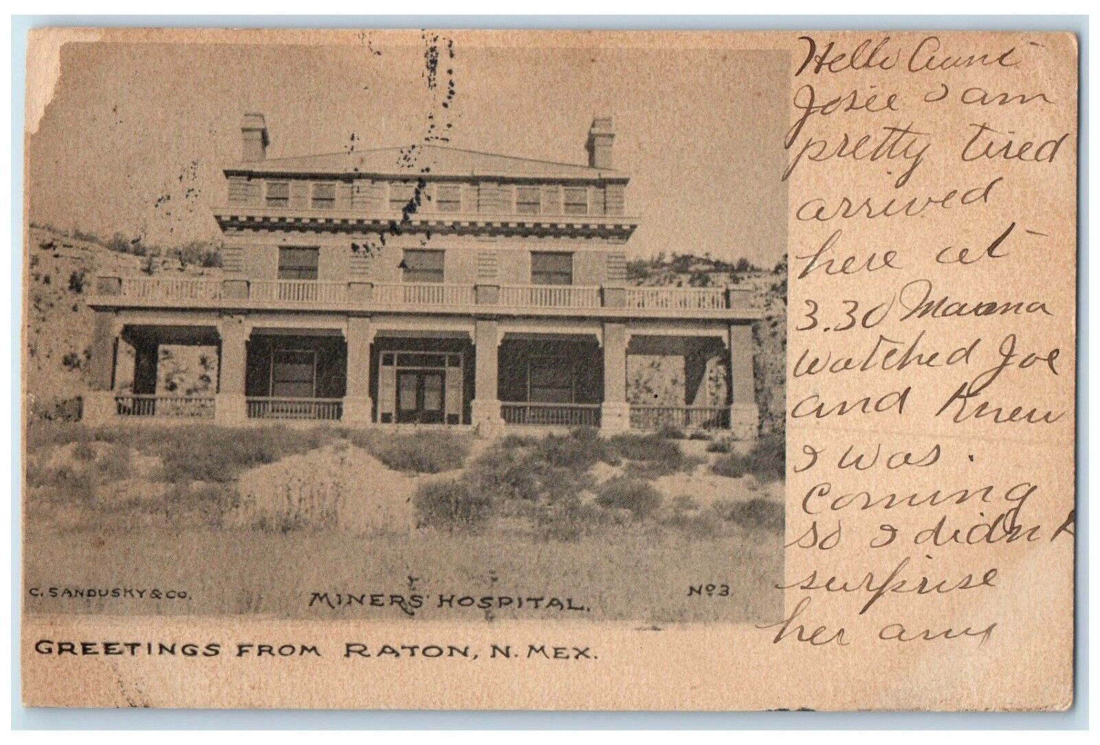 1907 Greetings From Raton New Mexico NM Miners Hospital Building Posted Postcard