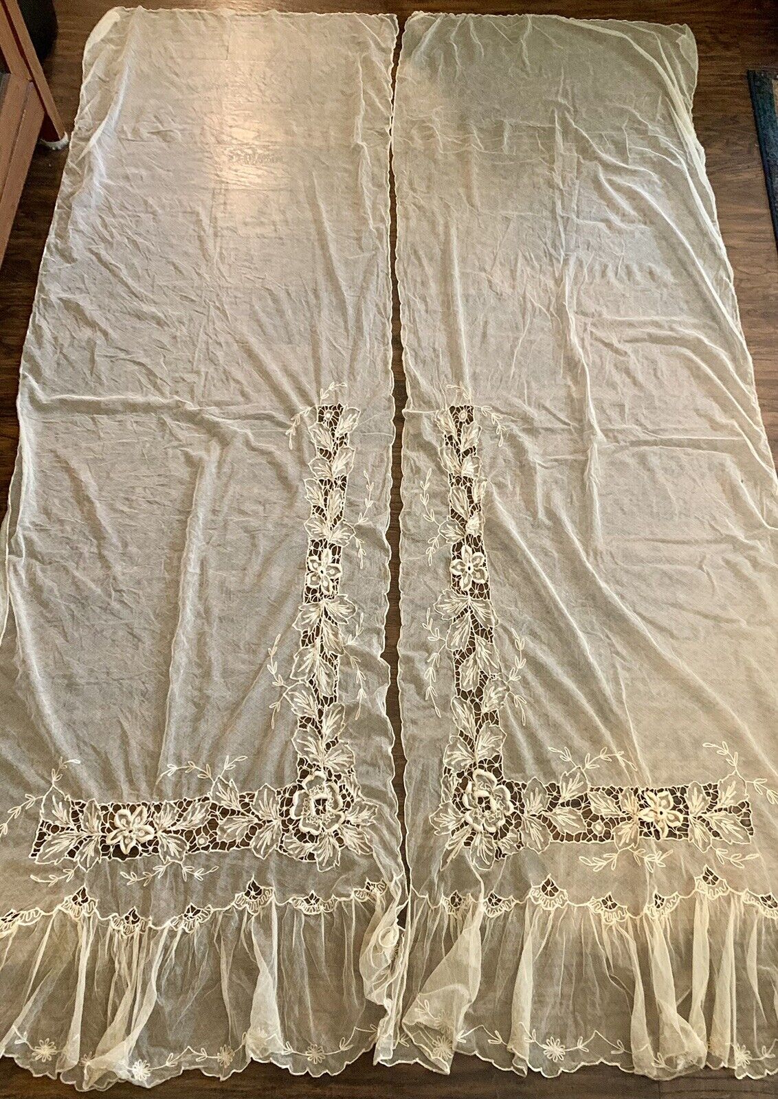 Pair Antique French Tambour Lace Curtains With Separate Valance