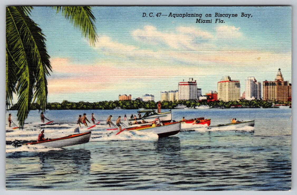Aquaplaning On Biscayne Bay Miami FL Florida Linen Postcard