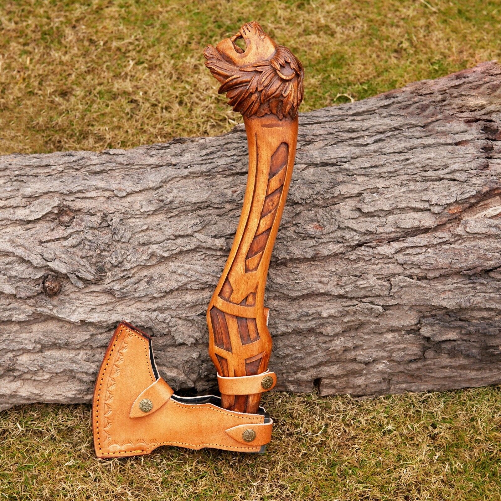 LION WOOD HANDLE BEST OUTDOOR CAMPING VIKING AXE W/SHEATH | BEST GIFTS FOR HIM