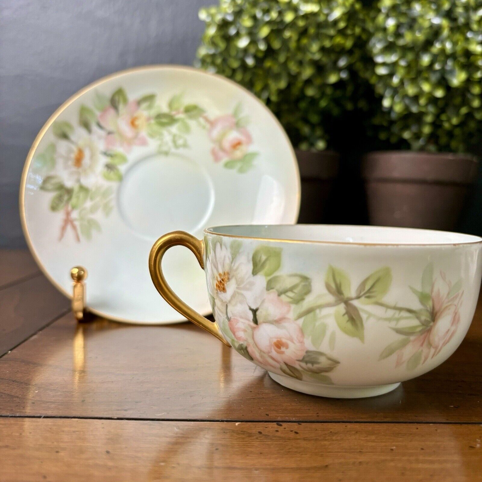 Antique T&V Limoges Hand Painted PEACH & WHITE ROSES Tea Cup Saucer  2 -pc Set