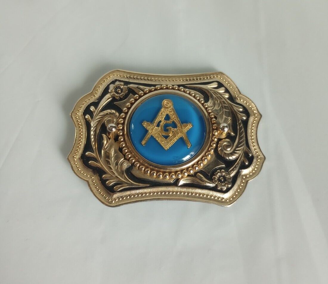 Vintage Masons Masonic Belt Buckle Ornate Floral Blue Black & Gold Tones