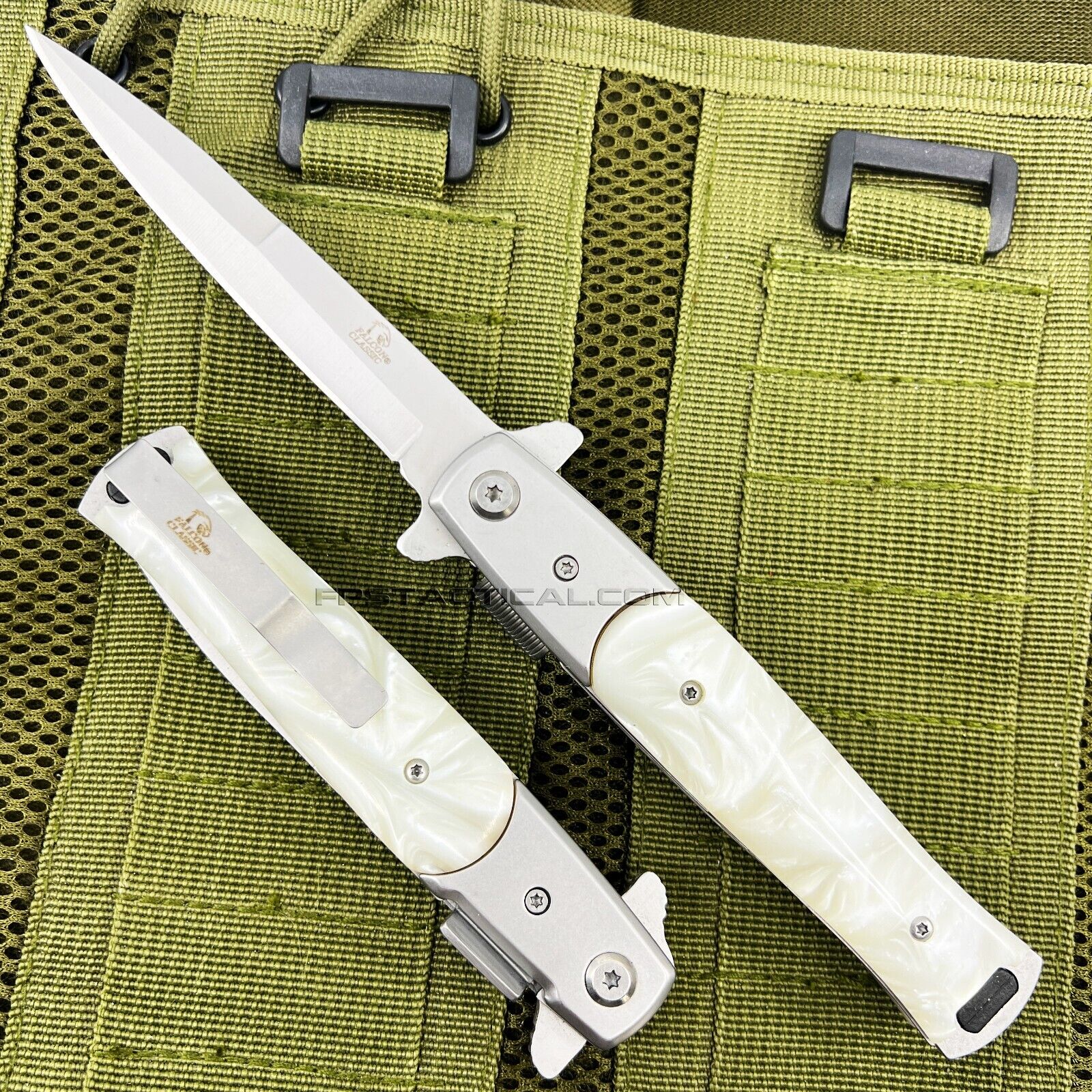 Falcon Silver and White Pearl Stainless Steel Spring Assisted Stiletto Knife 9\