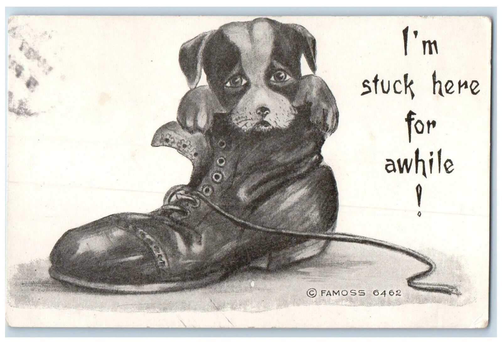 c1910's Cute Dog Shoes I'm Stuck Here For A While Famoss Madison SD Postcard
