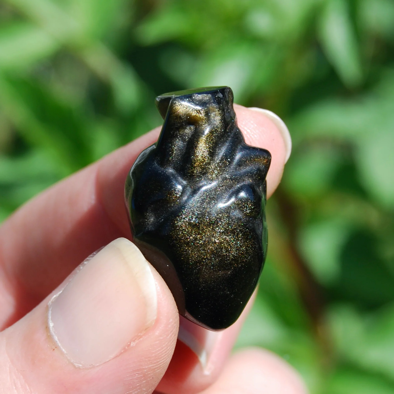 ONE 1.25in Gold Sheen Obsidian Anatomical Heart, Realistic Crystal Carving