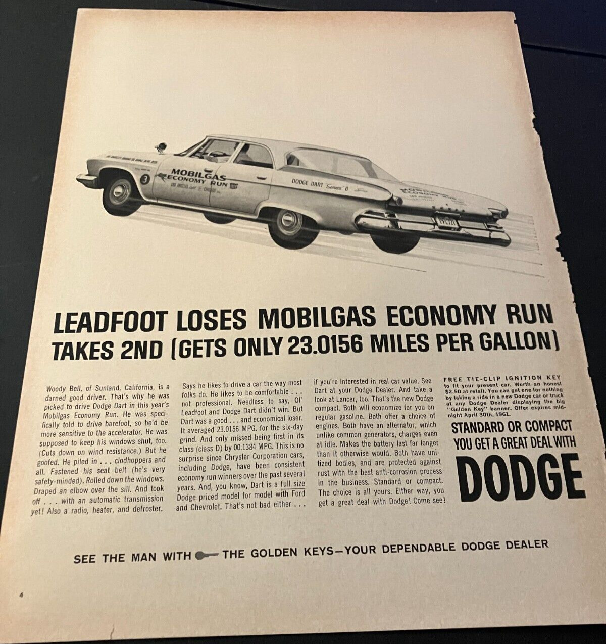 1961 Dodge Dart / Mobil Gas - Vintage Original Automotive Print Ad / Wall Art