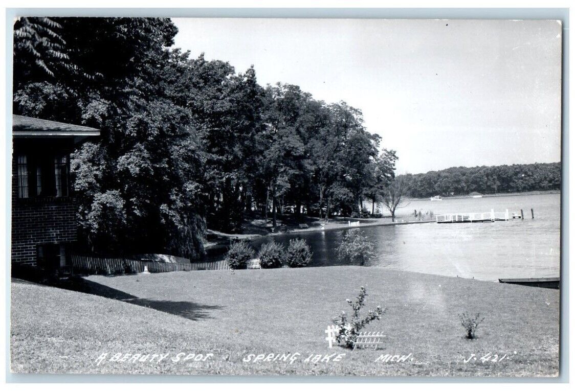 1956 Beauty Spot Spring Lake Dock House View Michigan MI RPPC Photo Postcard