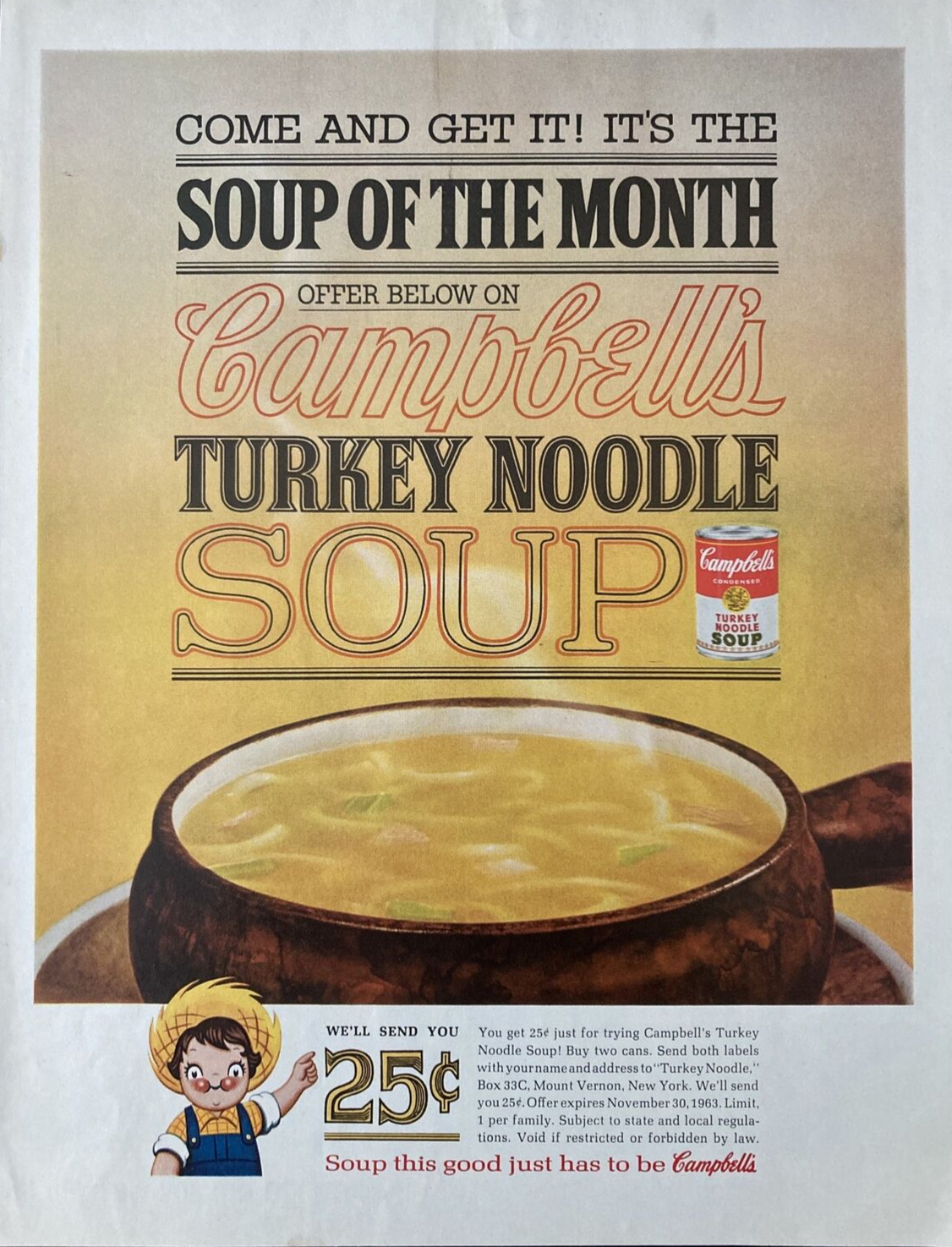 Campbells - Turkey Noodle Soup 1960s - Vintage 1 Page Print AD