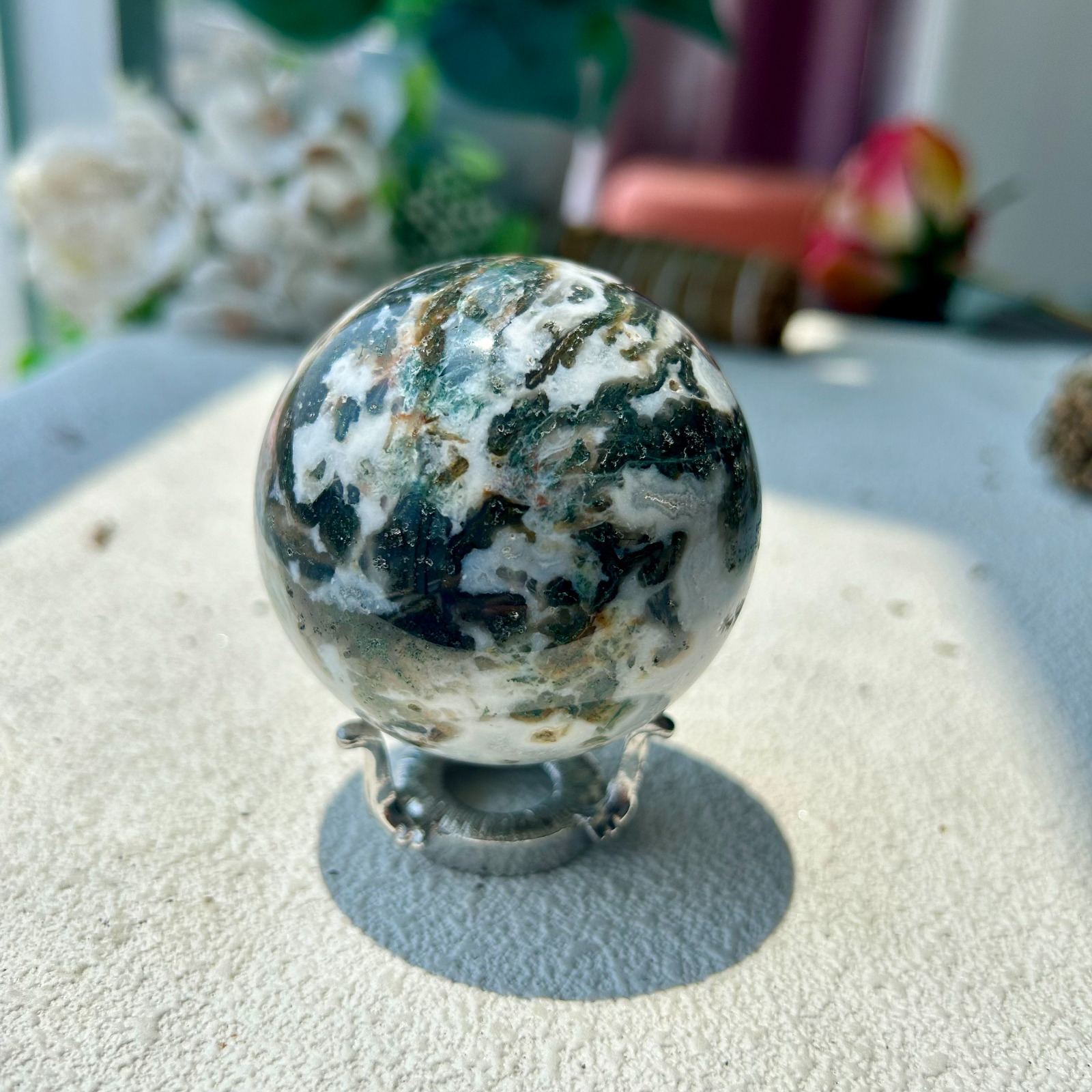275g Natural Beautiful Moss Agate Sphere Quartz Crystal Ball Healing 58mm 68th