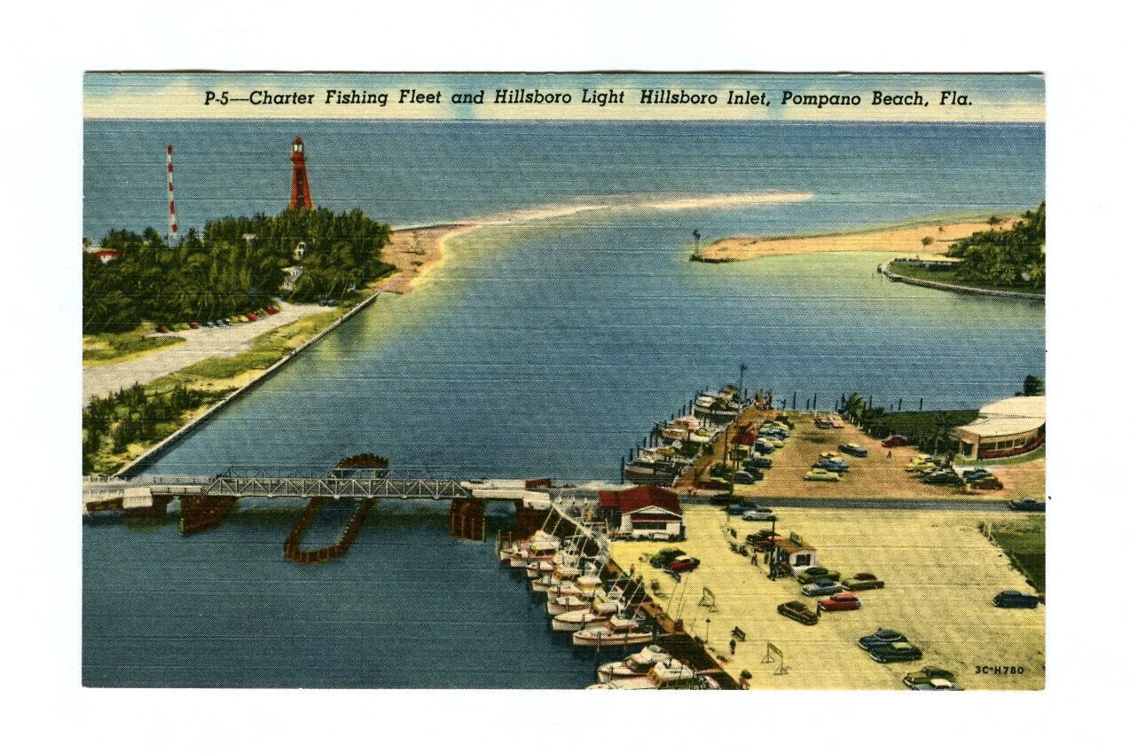 Vintage 1953 POMPANO BEACH Florida HILLSBORO INLET Fishing Fleet Linen Postcard