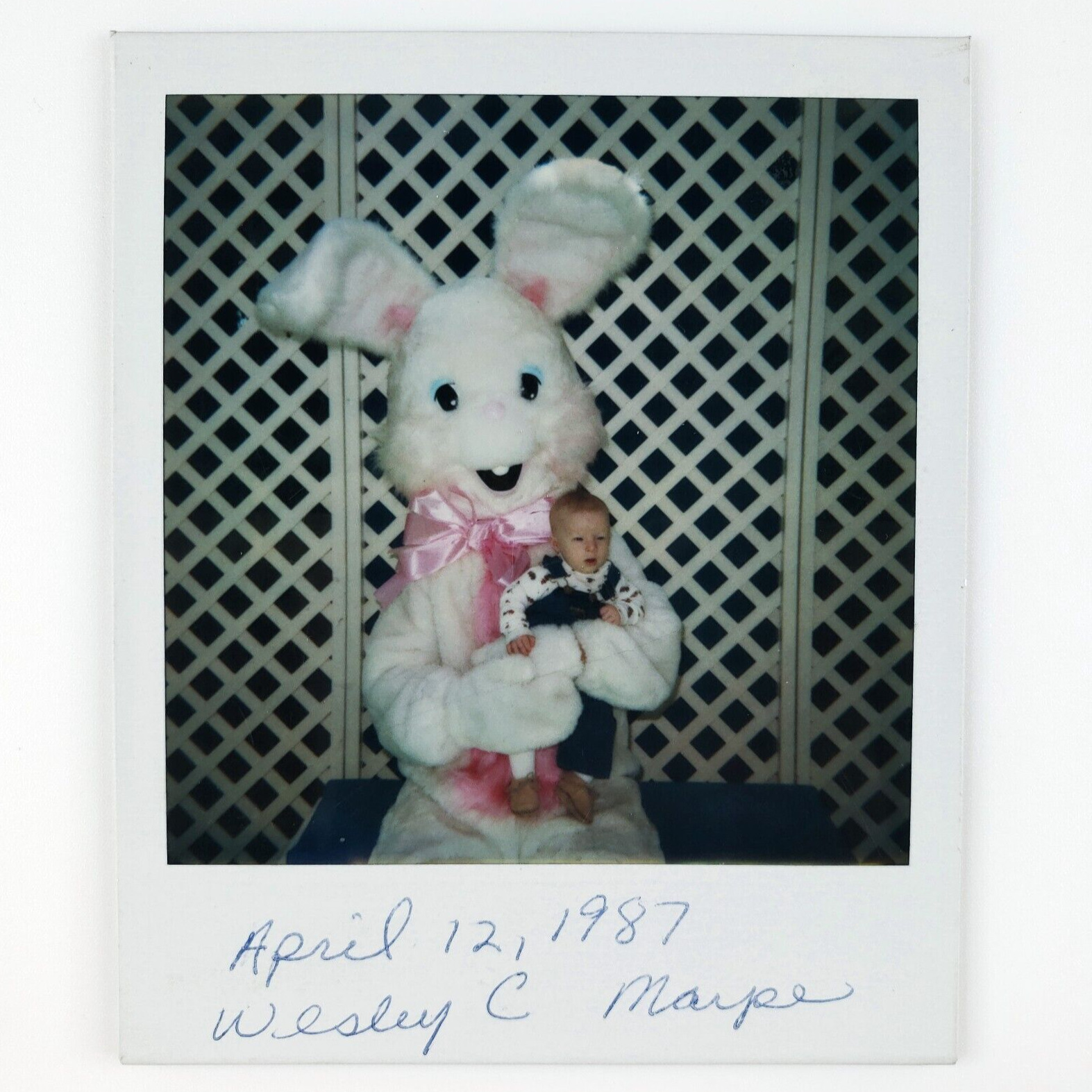 Easter Bunny Holding Baby Photo 1980s Rabbit Costume Child Found Snapshot C1780