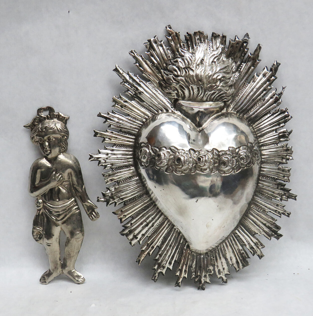 1890's SILVER VERONA ITALY BOY JESUS & SACRED HEART EX-VOTO