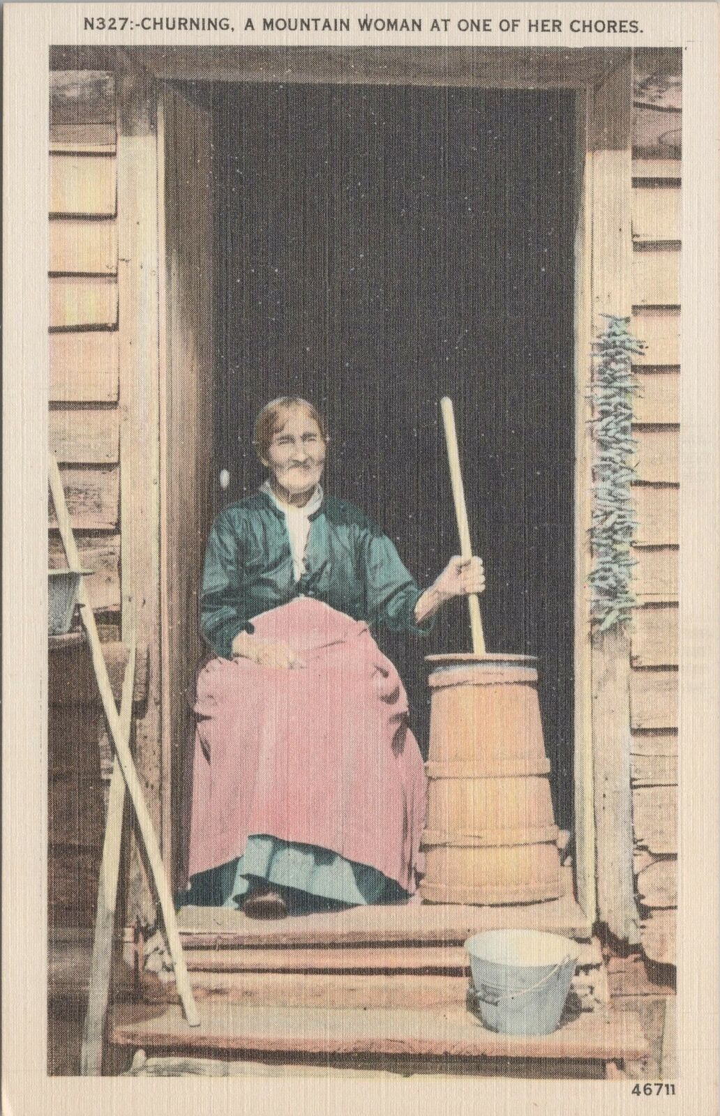 Linen~Mountain Woman Churning~One Of Her Chores~Vintage Postcard