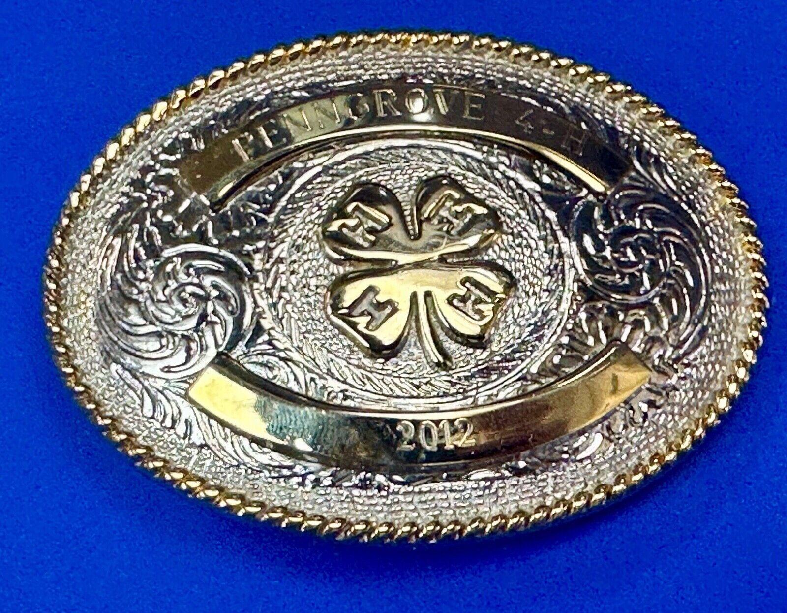 4h emblem logo  Engraved trophy style 2012 western two tone belt buckle