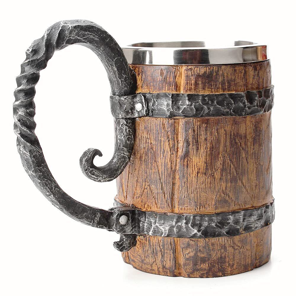 OTARTU Vintage Faux Oak Wood Barrel Beer Mug Medieval Retro Viking Stainless ...