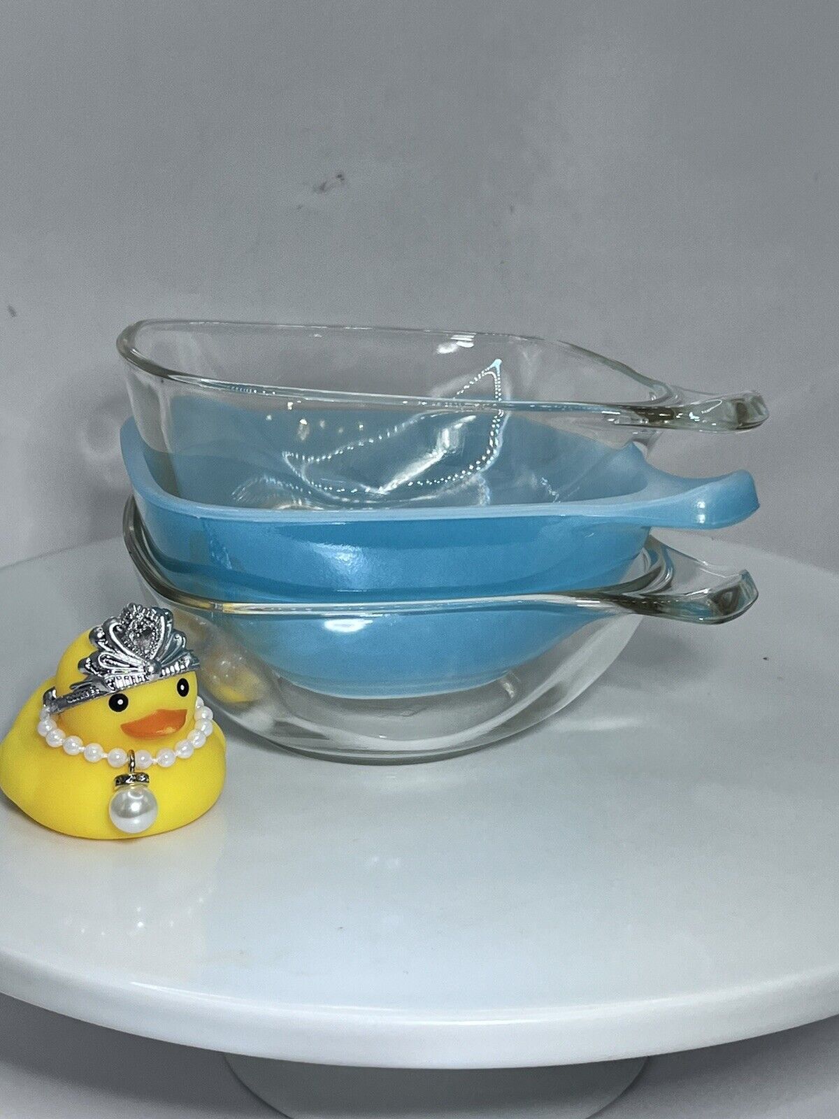 Vintage  Agee / Crown Pyrex Blue and Clear Harlequin Handled Ramekins NICE