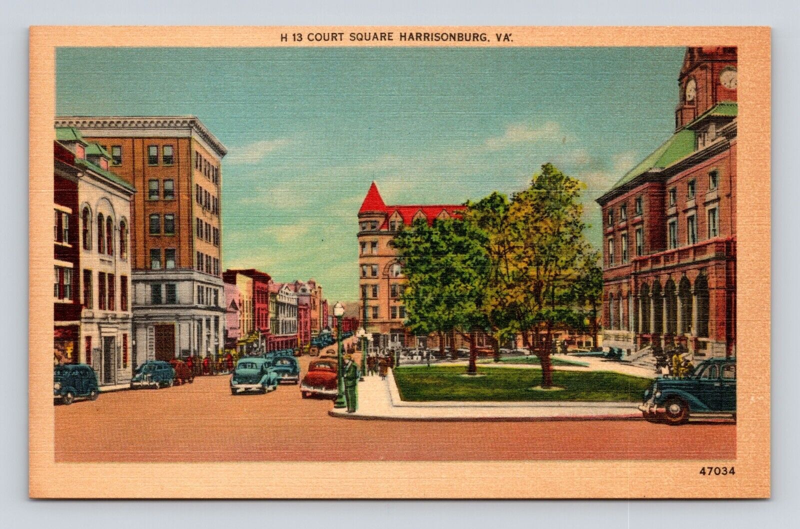 Postcard Court Square Harrisonburg VA Caverns District Shenandoah Valley 1940s B