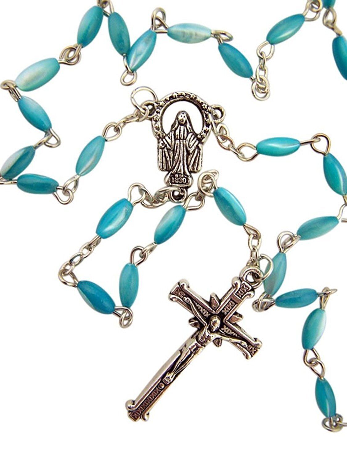 Light Blue Imitation Simulated Pearlescent Glass Bead Our Lady of Grace Rosary