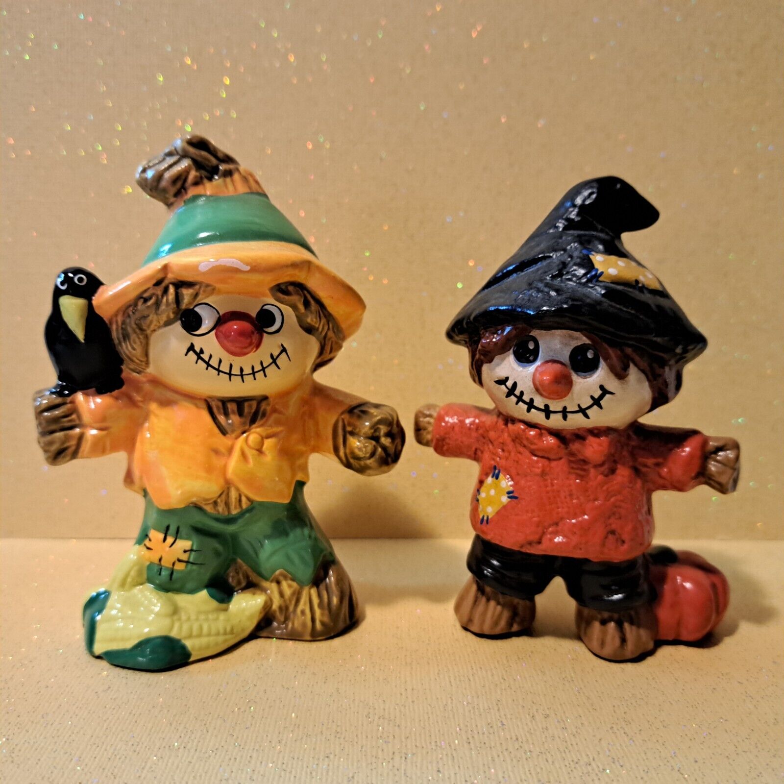 2 VTG Thanksgiving Scarecrow Ceramic Figurines Fall Autumn with Crow & Pumpkin