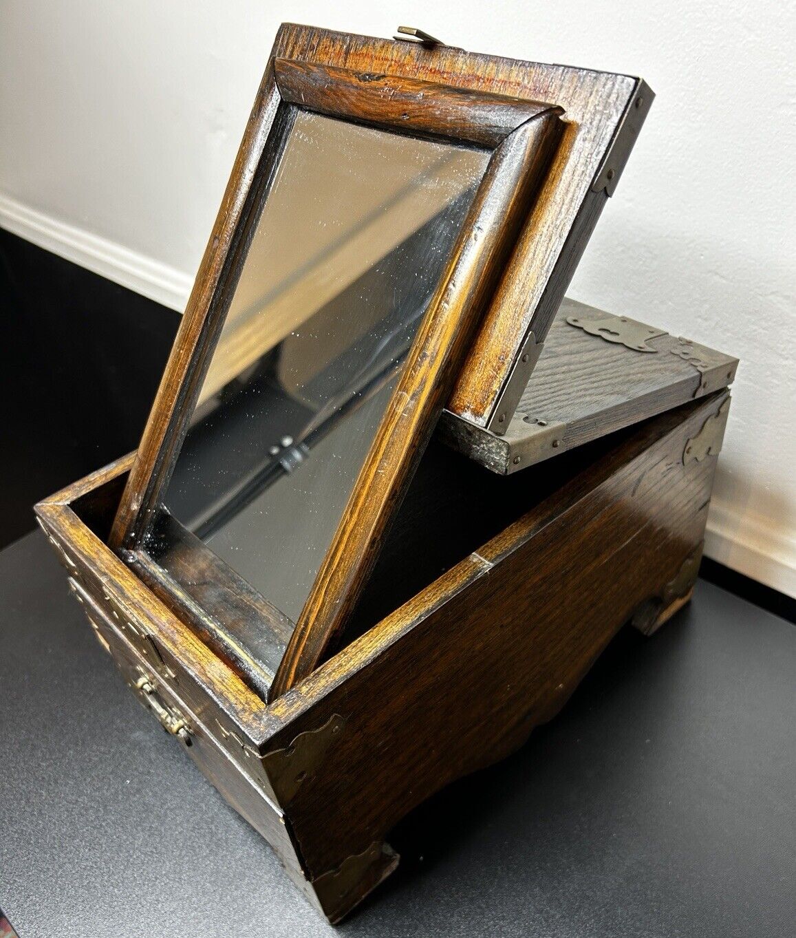 Vintage Gentleman’s Vanity Chest Box Handcrafted Wood Fold Out Mirror Drawer