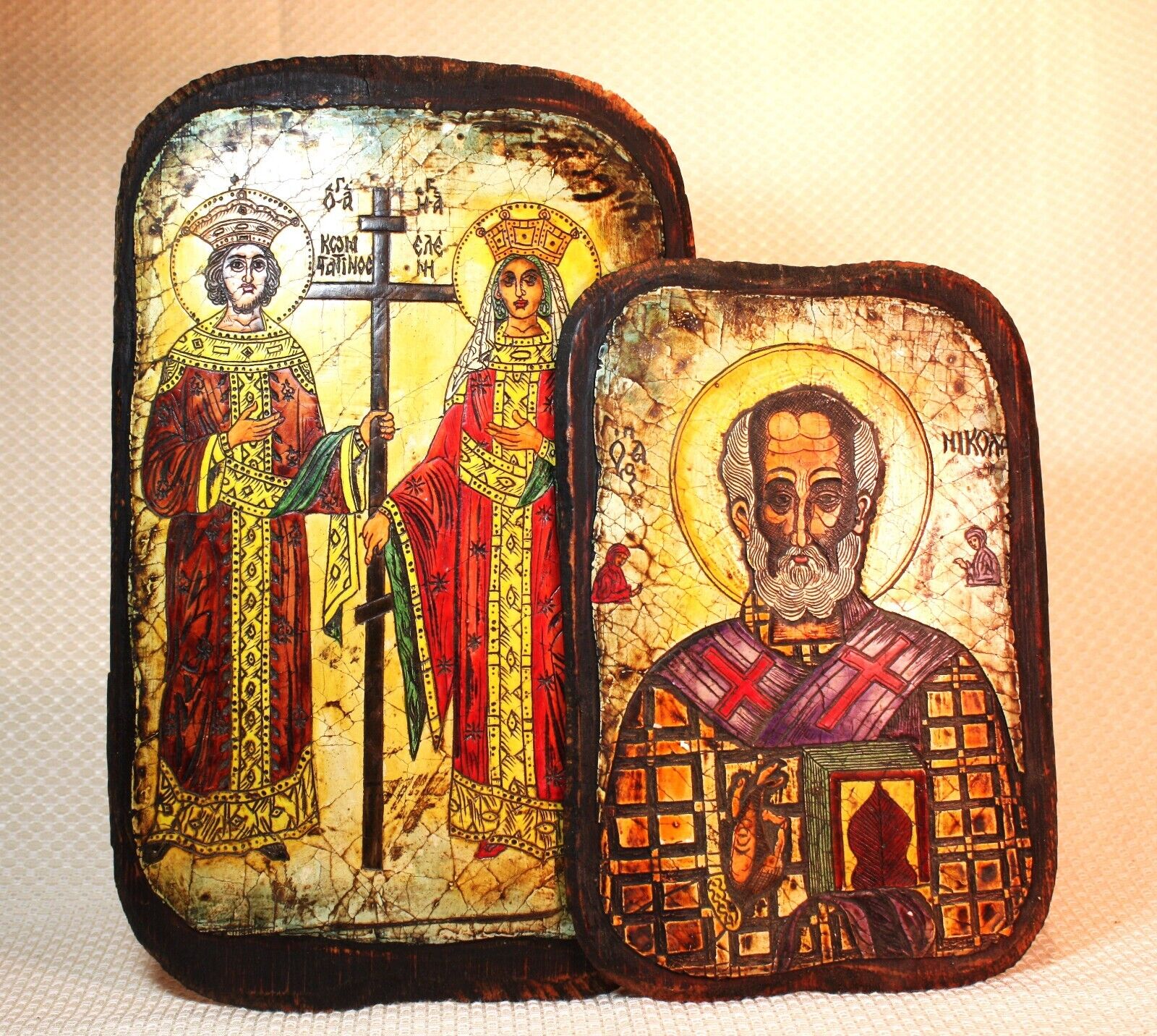 Greek Orthodox Icon Saints Constantine and Helen on Waxed Wood and Hurora Plaque