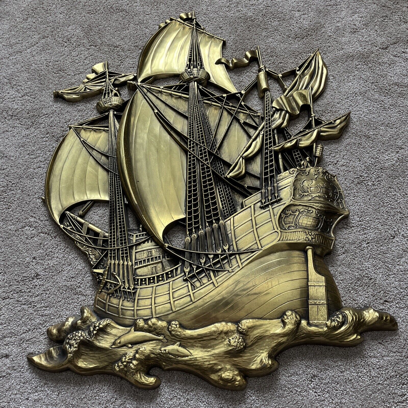 Vintage Wall Hanging Pirate Ship Galleon Gold Large Plastic Nautical Decor
