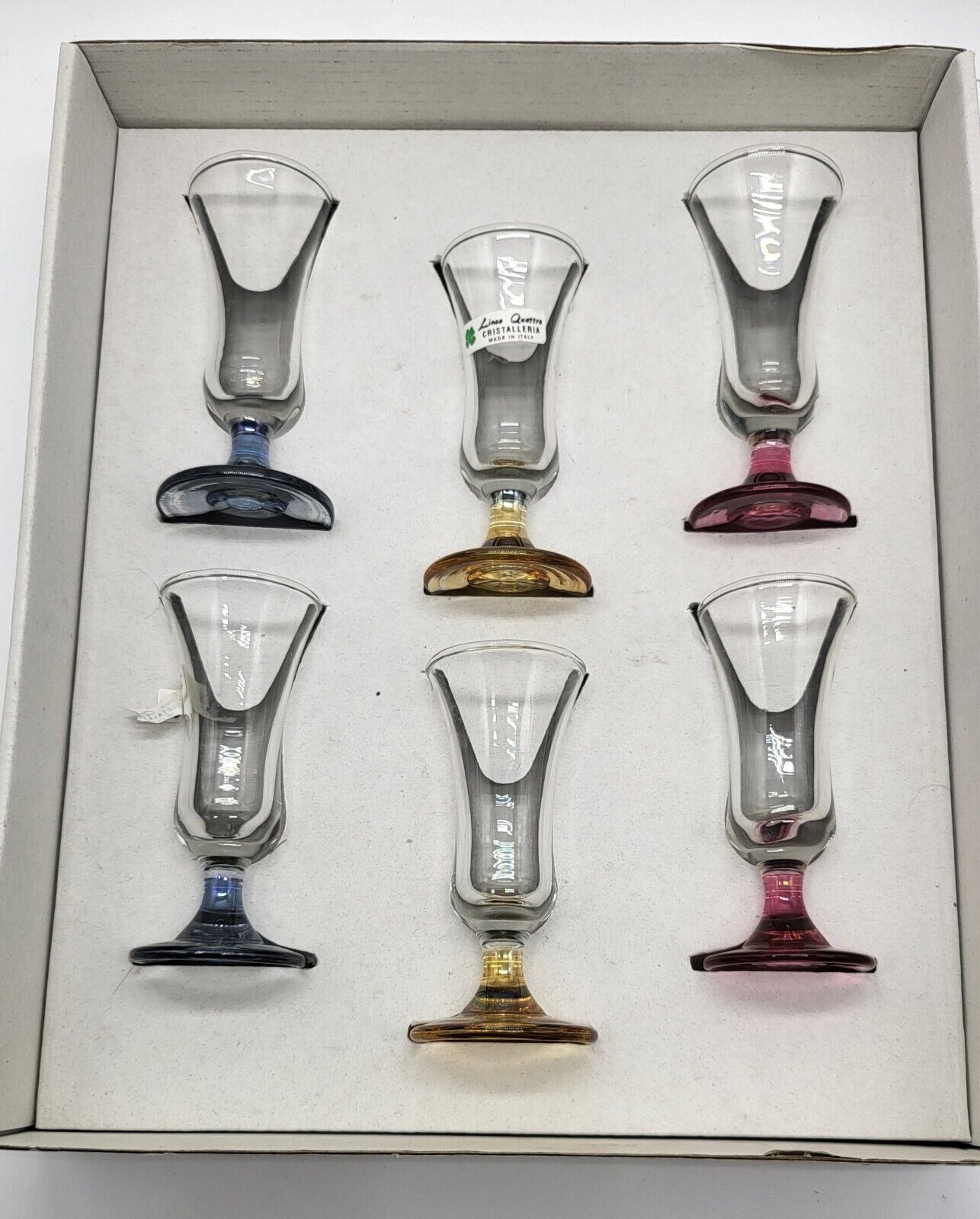 Vintage Linea Quattro Cristalleria Colored Stem Shot Glasses NIB