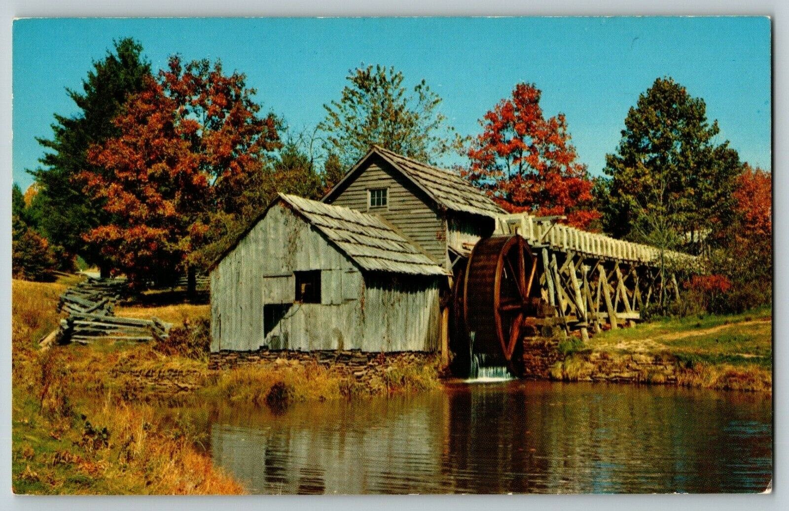 Postcard Rustic Old Water-Wheel Midst Fall Colors Ashville North Carolina 