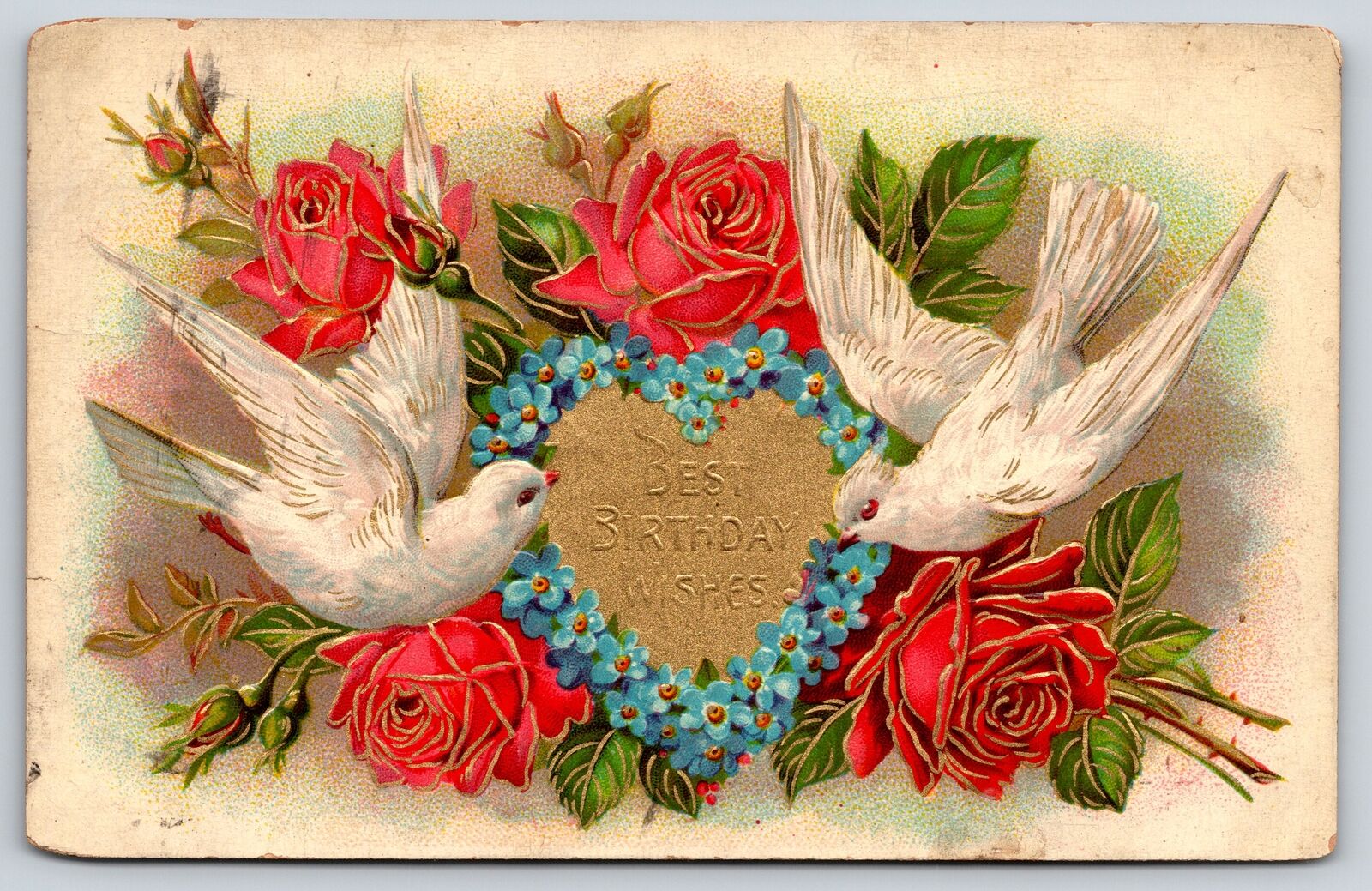 Best Birthday Wishes~Heart Of Flowers W/ Roses & Doves~PM 1910~Embossed~Postcard
