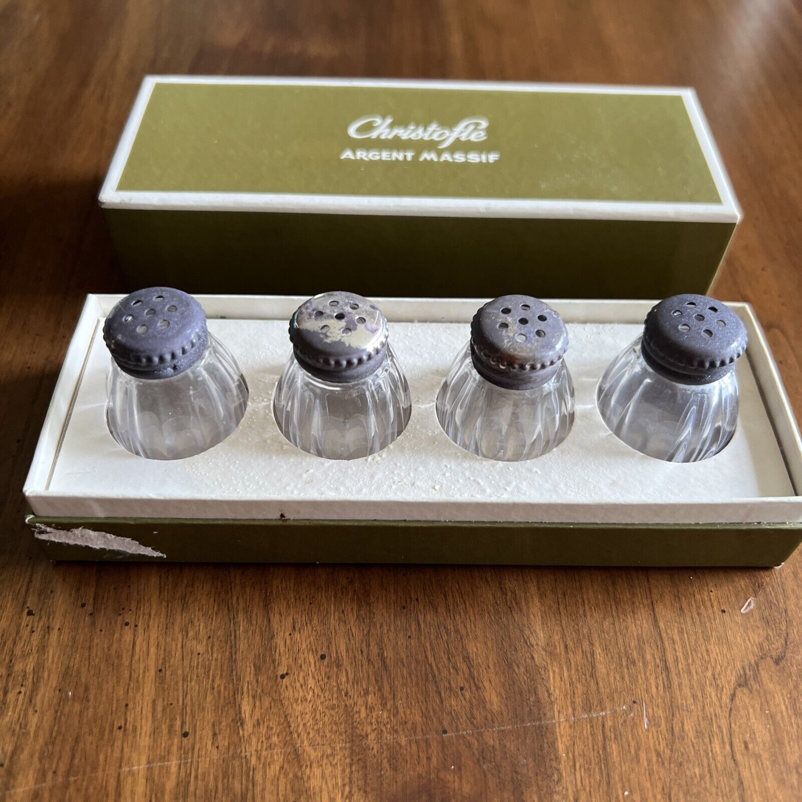Vintage Christofle Argent Massif Sterling Cap Mini Crystal Salt Shakers, Set #4