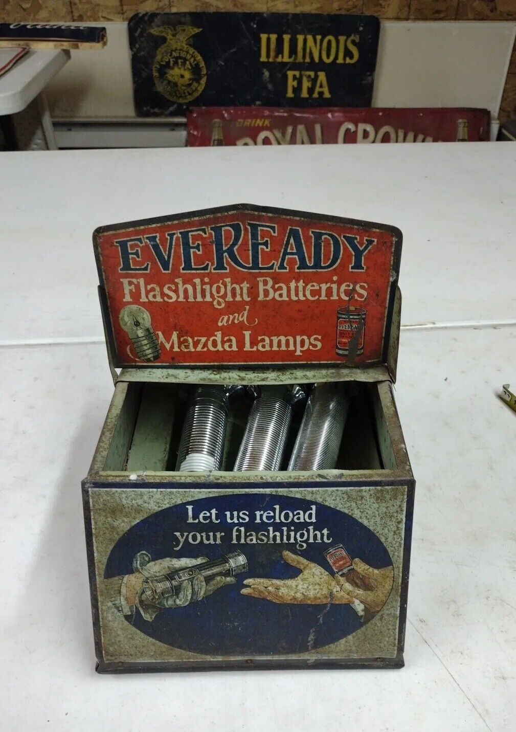Antique Eveready Flashlight Batteries And Mazda Lamps Store Countertop Display