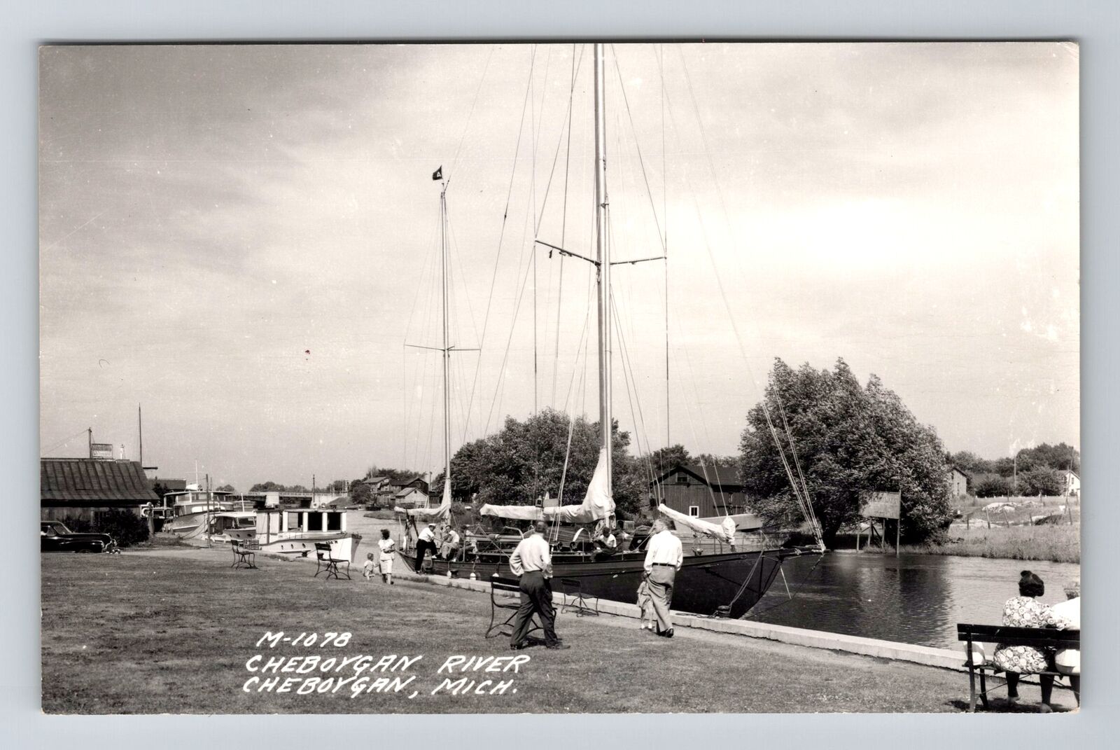 Cheboygan MI-Michigan, RPPC River View, Boats, Real Photo Vintage Postcard