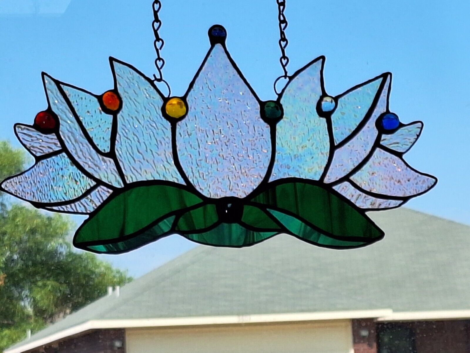 Stained glass iradized lotus,glass gems  suncatherlarge 15.25x7.75-40x19cm