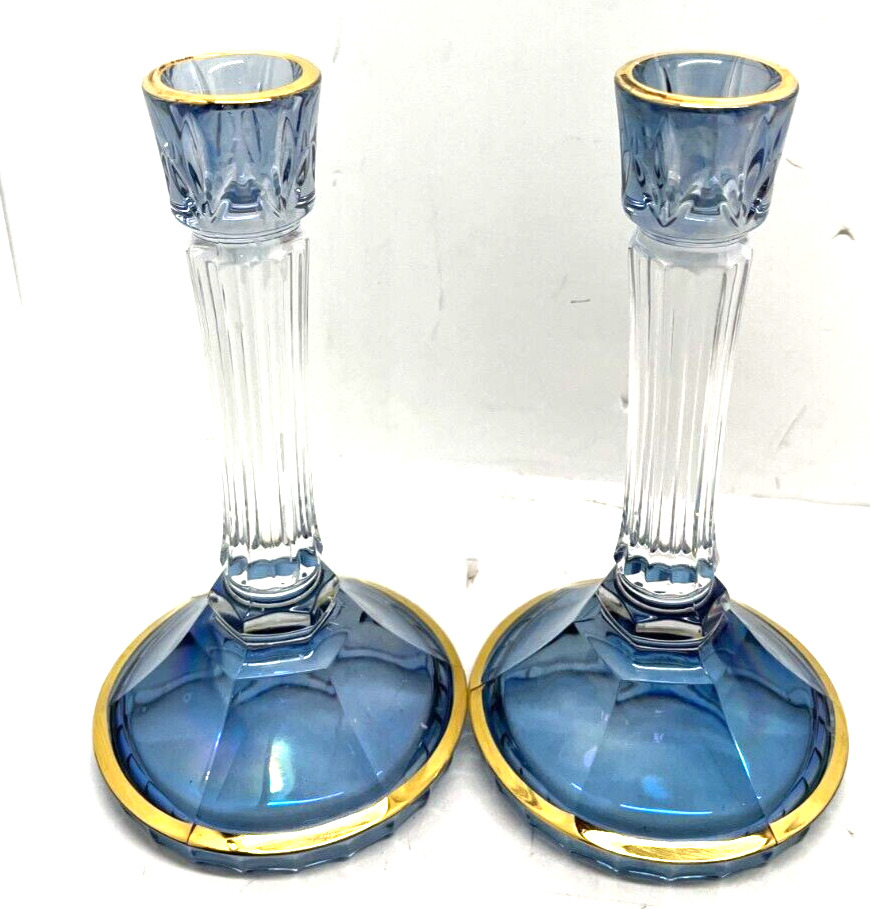 Lot of 2 Italian Crystal Pair of Candlesticks SC Line blu Flashed Gold Trim