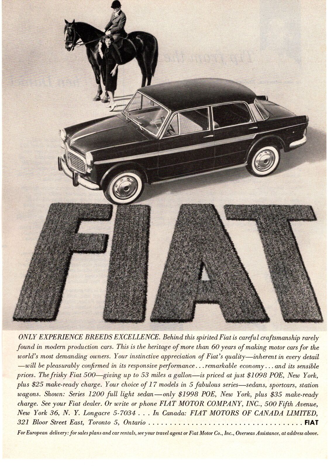 1959 Fiat Motor Company Series 1200 Full Light Sedan Saloon Horse Grass Print Ad
