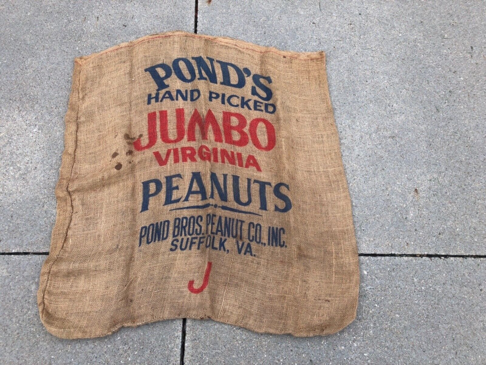 Vintage Burlap Feed Sack Pond’s Hand Picked Jumbo Peanuts Suffolk Virginia
