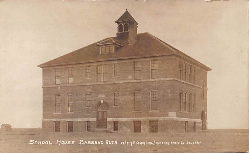 Postcard FX: RPPC Brick School House Bassano, Alberta, CANADA, 1912, B&W Photo