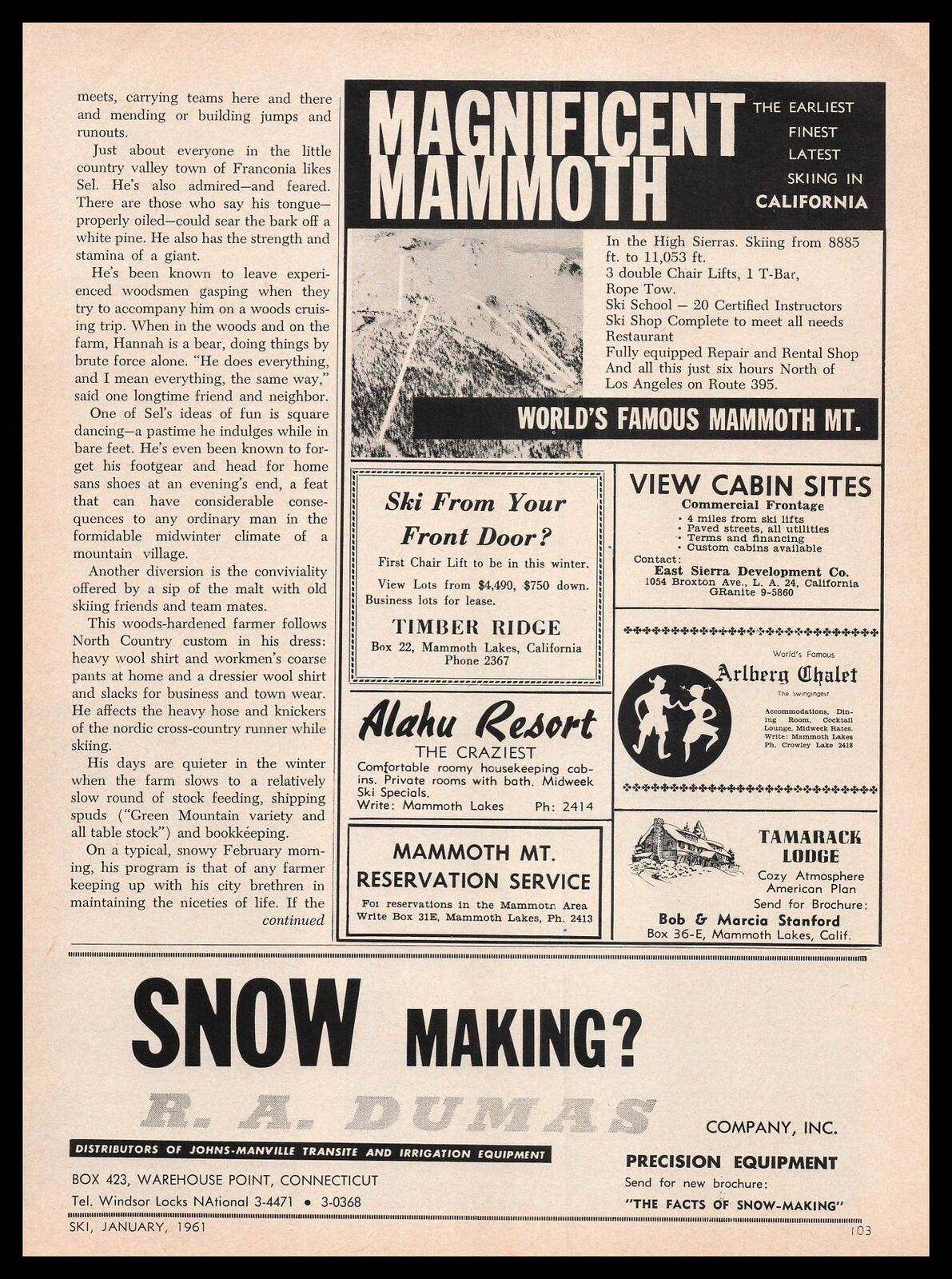 1961 Mammoth Lakes California Mammoth Mountain Snow Ski Resort Vintage Print Ad