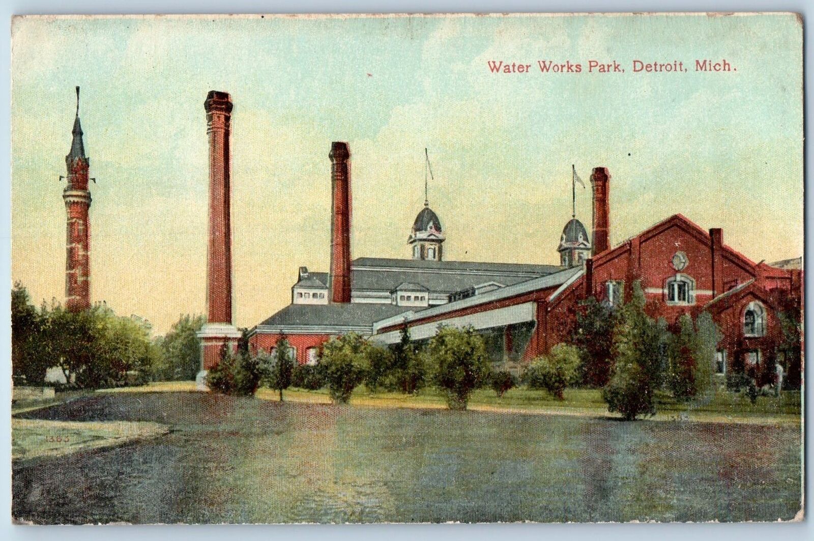 Detroit Michigan Postcard Water Works Park Pumping Station Scene c1910s Antique