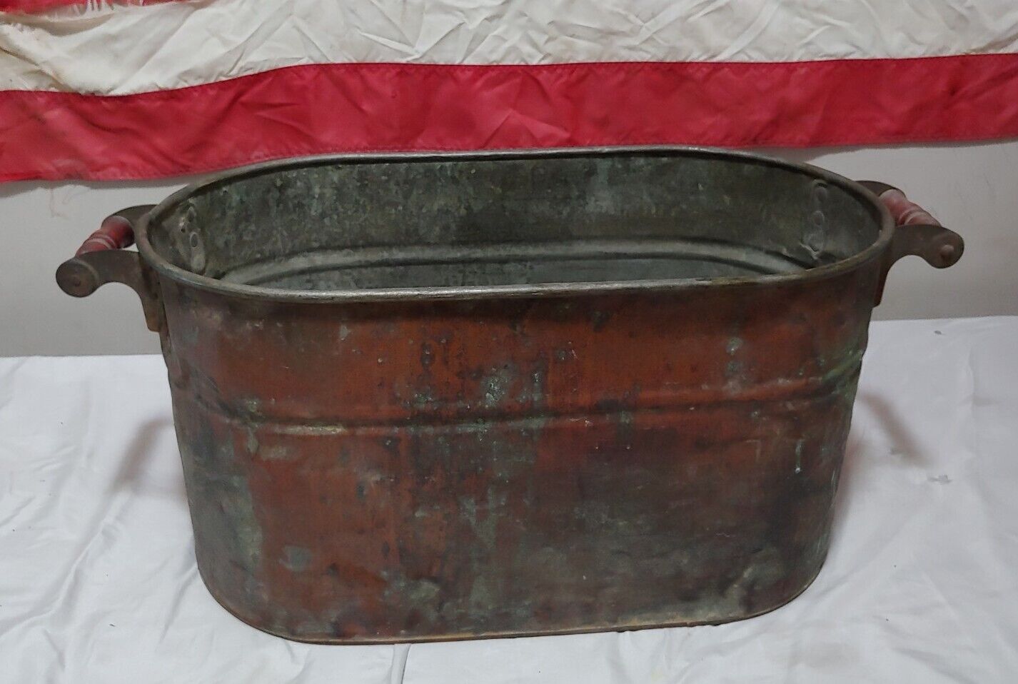 Large Antique Copper Boiler Ham Cooker Wash Tub Wood Handles Rustic Patina