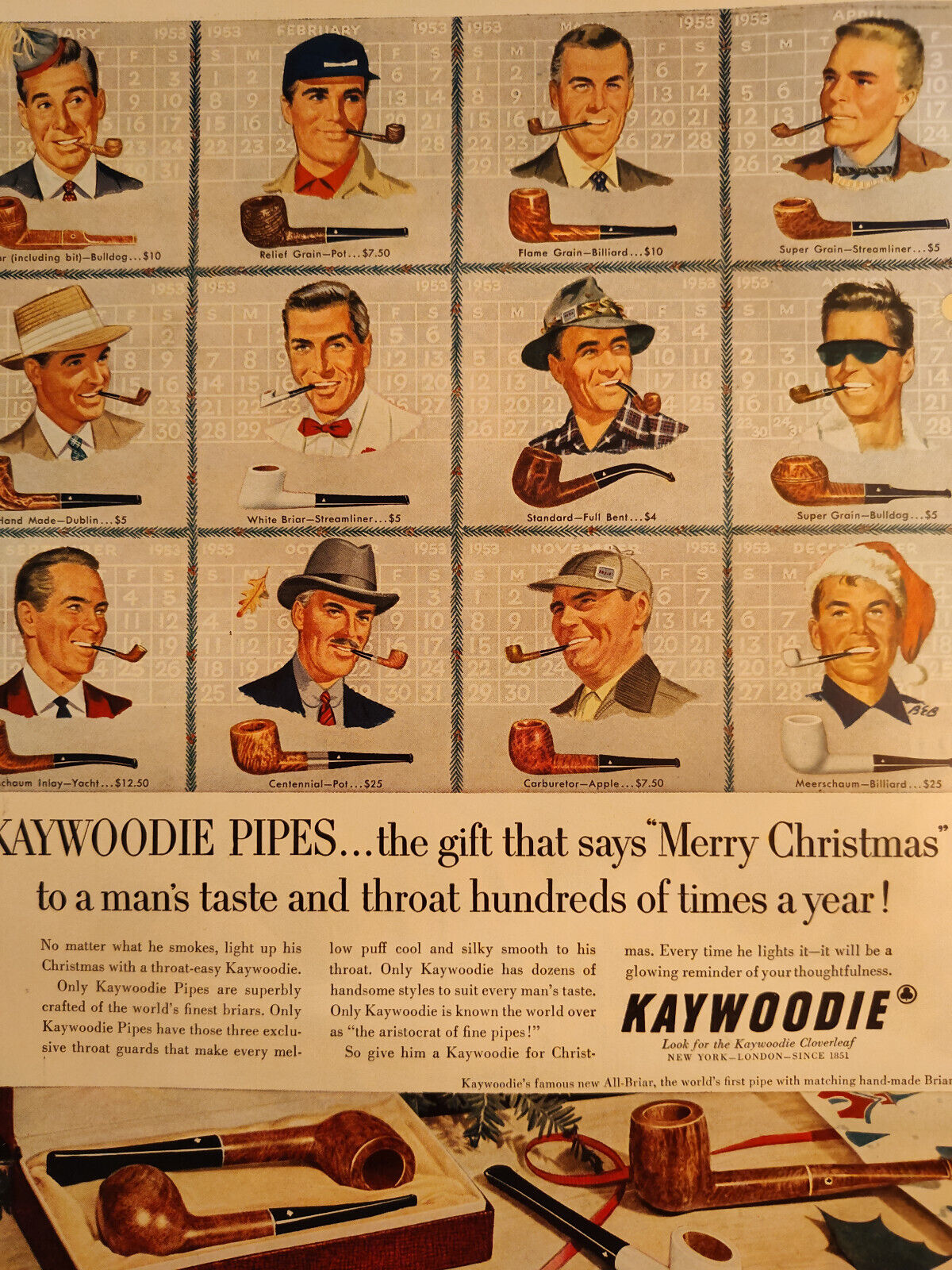 1952 Esquire Original Art Ads KAYWOODIE Pipes Eldorado Gates Swagger Size Gloves
