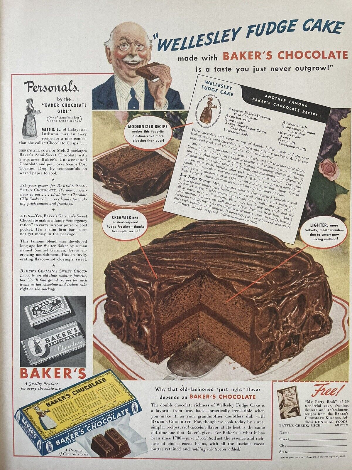1941 Vintage Baker\'s Chocolate print ad. Wellesley Fudge Cake.