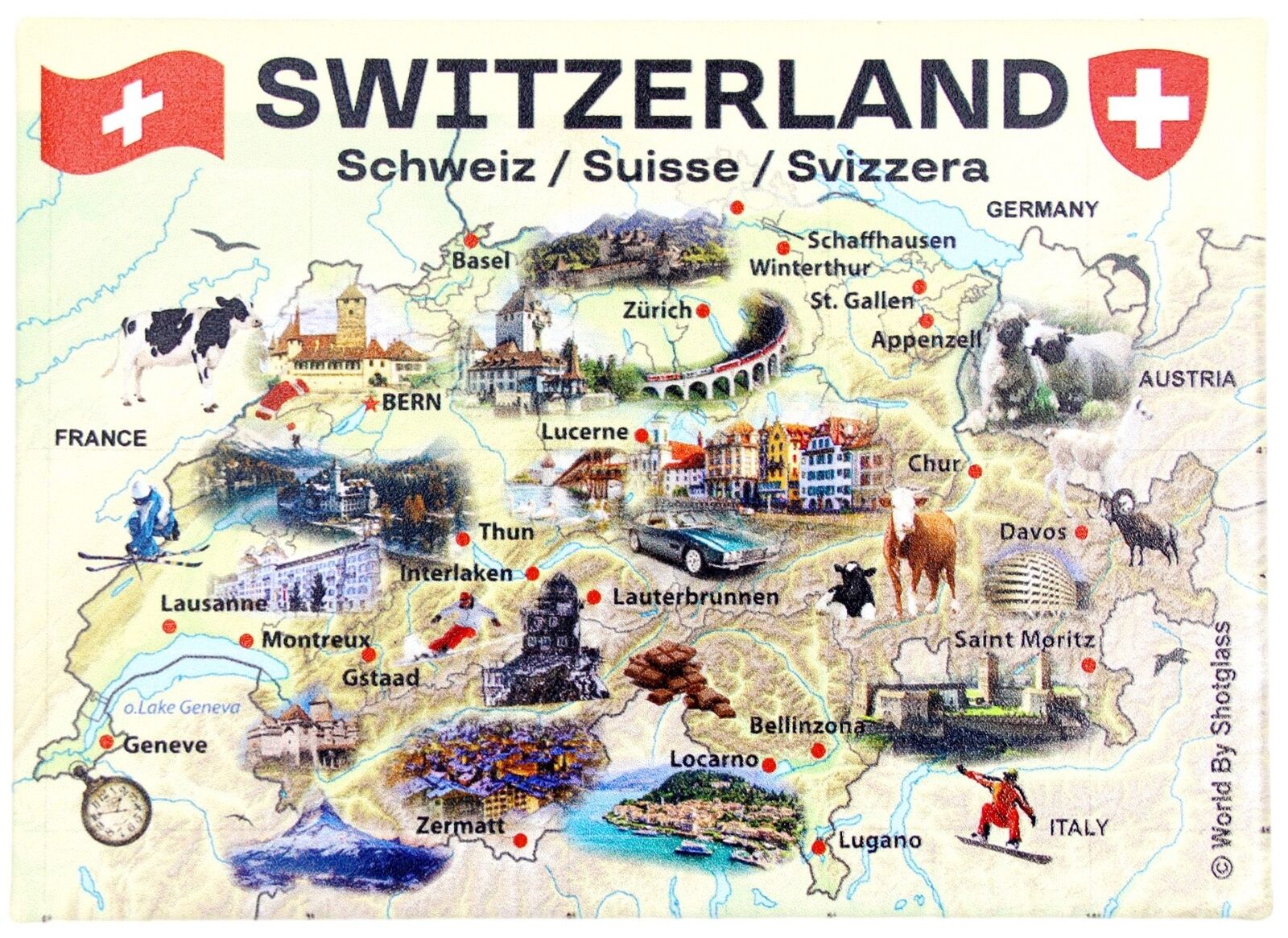 Switzerland Graphic Map and Attractions Souvenir Fridge Magnet 2.5